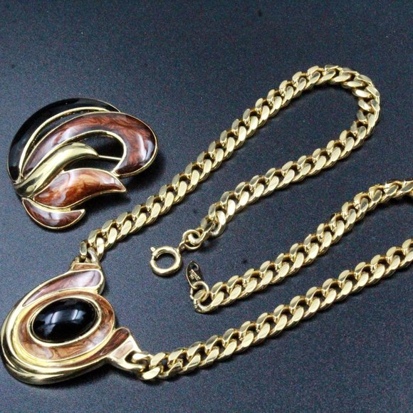 Vintage Mint Trifari TM Brown Enamel Black Cabochon Necklace Set - Picture 1 of 9